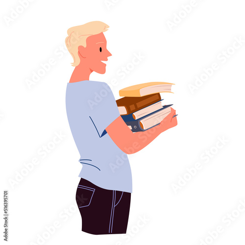 Happy young man holding stack of books. Boy carrying pile of textbooks, literature lover, learning and material studying, bookcrossing process, book festival vector illustration