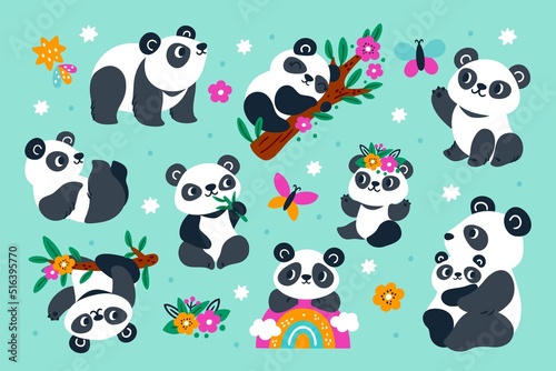 Cute panda. Asian bear. Funny friendly mascot. Different poses and emotions. Flowers and eucalyptus twigs. Chinese animals. Adorable mammals. Rainbow and tree branches. Garish vector set