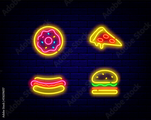 Fast food neon icons collection. Signs for snack bar menu. Pizza and burger. Donut, hot dog. Vector stock illustration