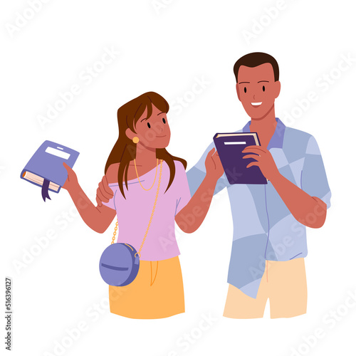 Young people hold paper books in hands to study and read vector illustration. Cartoon isolated happy man and woman students exchange literature for reading in readers club, library and bookshop