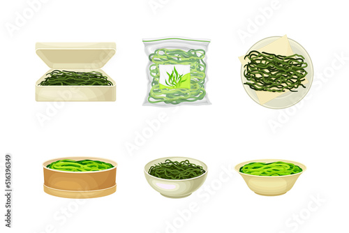 Hijiki Seaweed or Sargassum in Bowl and Package as Sea Vegetable Vector Set
