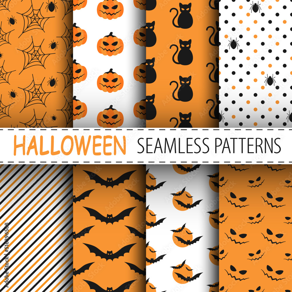 Pumpkins, spiders, bats, cats and creepy faces. Vector halloween seamless patterns collection in orange, black and white colors. Best for textile, print, wrapping paper and festive decoration.