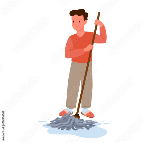 Kid cleaning floor of room with mop to help mother with housework routine vector illustration. Cartoon isolated cute school boy housekeeping, child holding mop to clean house with water and rag