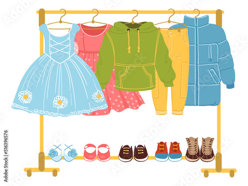 Girl clothes rack. Kid fashion store icon