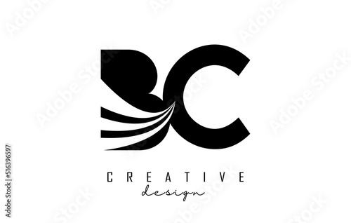 Creative black letters BC b c logo with leading lines and road concept design. Letters with geometric design.