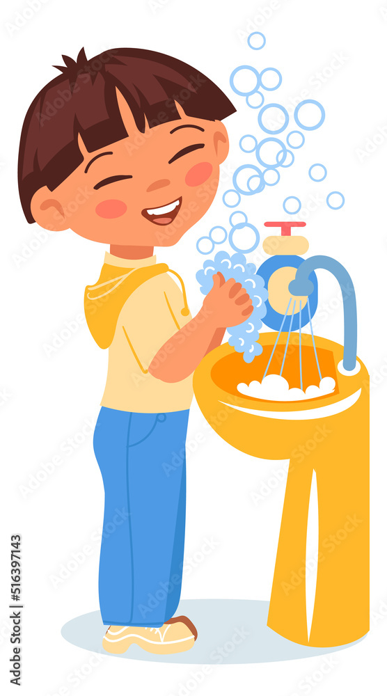 Happy boy washing hands. Cartoon kid hygiene concept Happy boy washing hands. Cartoon kid hygiene concept