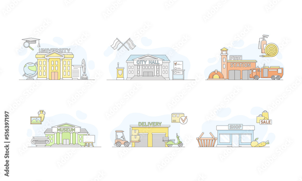 Municipal Services or City Services for Citizens with University and City Hall Department Vector Set