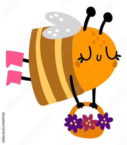 Honey bee flying with flower basket. Cute insect