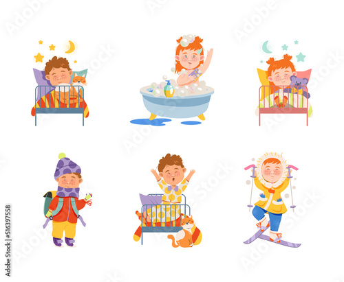 Daily Routine of Little Boy and Girl Character with Sleeping in Bed, Bathing and Going to School Vector Set