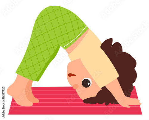 Kid bend on yoga mat. Child physical education