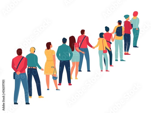 People queue. Waiting line back view. Men or women standing in row. Customer group. Persons queuing at store cashier or terminal. Student community. Organized movement. Vector concept