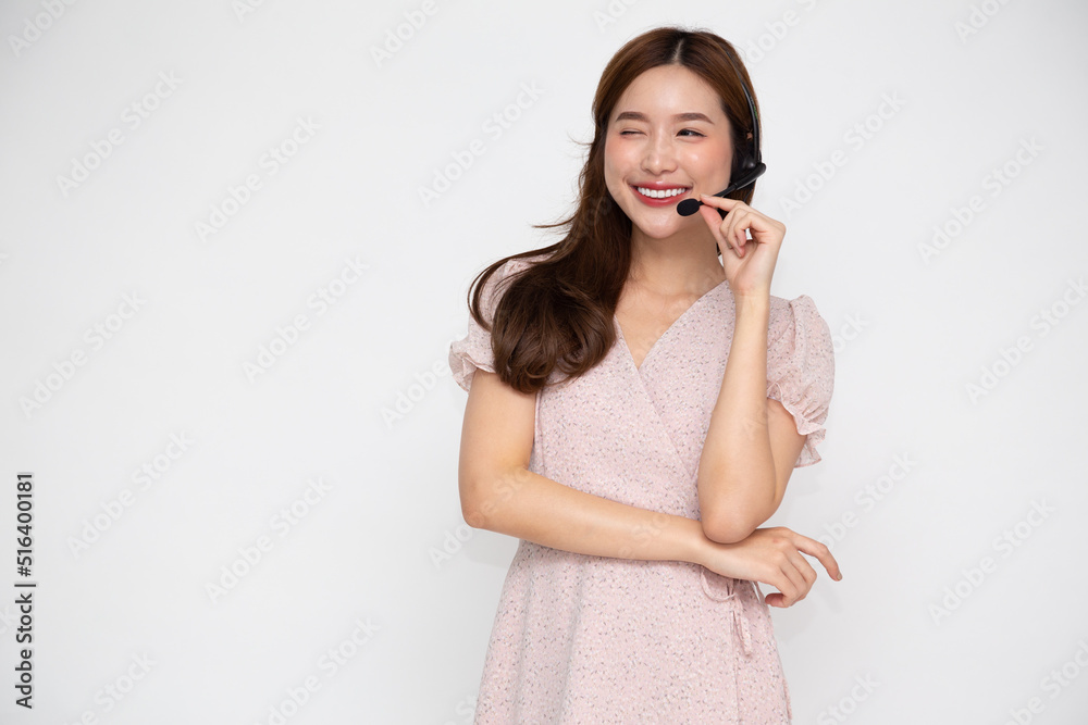 Asian call center and customer service wearing headset isolated on white background, Telemarketing, customer support agent provide service on telephone concept Asian call center and customer service wearing headset isolated on white background, Telemarketing, customer support agent provide service on telephone concept