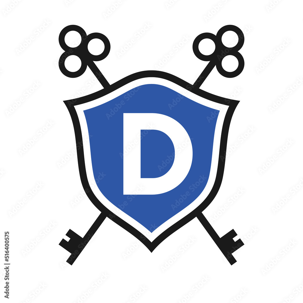 Letter D Real Estate Logo Design Concept with Crossed Key Sign. Key Real Estate Logotype on Shield Symbol