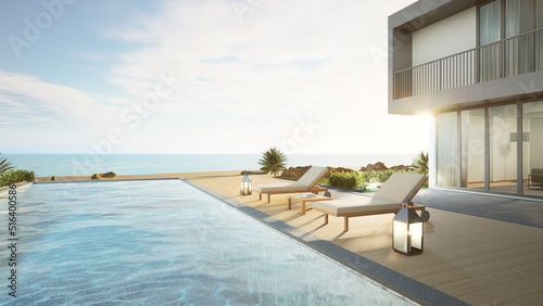 Luxury beach house with sea view swimming pool and terrace in modern design. Lounge chairs on wooden floor deck at vacation home or hotel. 3d illustration of contemporary holiday villa exterior.