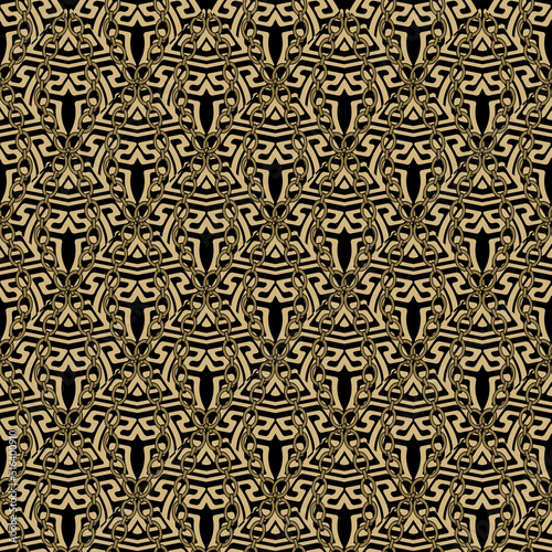 Ancient greek style ornamental seamless pattern. Ornate patterned tribal ethnic background. Repeat vector modern backdrop. Golden decorative traditional ornaments with chains, greek key, meanders