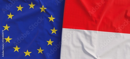 Flags of EU and Indonesia. Linen flags close-up. Flag made of canvas. Flag of European Union. Indonesian. State national symbols. 3d illustration.