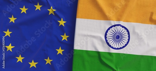 Flags of EU and India. Linen flags close-up. Flag made of canvas. Flag of European Union. Indian. State national symbols. 3d illustration.