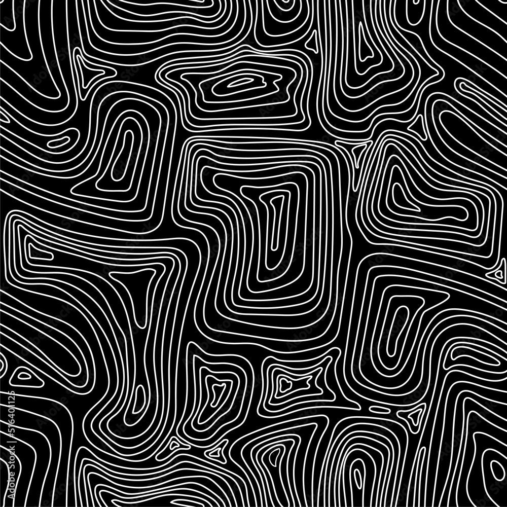 Texture intricate seamless pattern drawn in doodle style on black square background.
