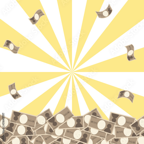 一万円札の山と集中線の背景　正方形