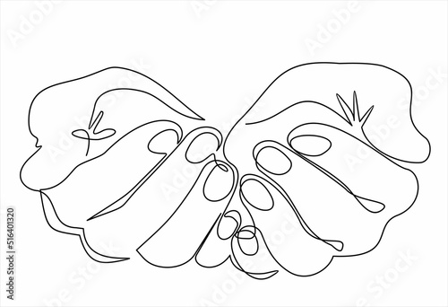 Continuous one single line drawing of hands, palms together. Vector illustration
