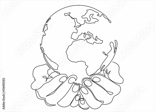 Single continuous line of hands holding  the globe. Earth globe in human hands.