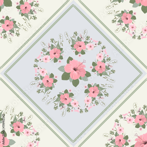 Vector floral seamless pattern i in a circle, pink Hibiscus flower in the center background, feminine motive for fabric design fabric, wallpaper, scarf, napkin, tablecloth