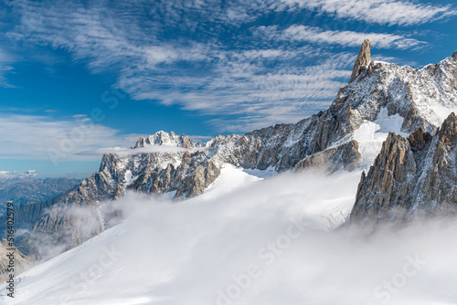 The Geant glacier in the massif of Mont Blanc; in the background the peak of the Dent du Géant