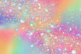 Holographic confetti background with pastel clouds and iridescent lights.
