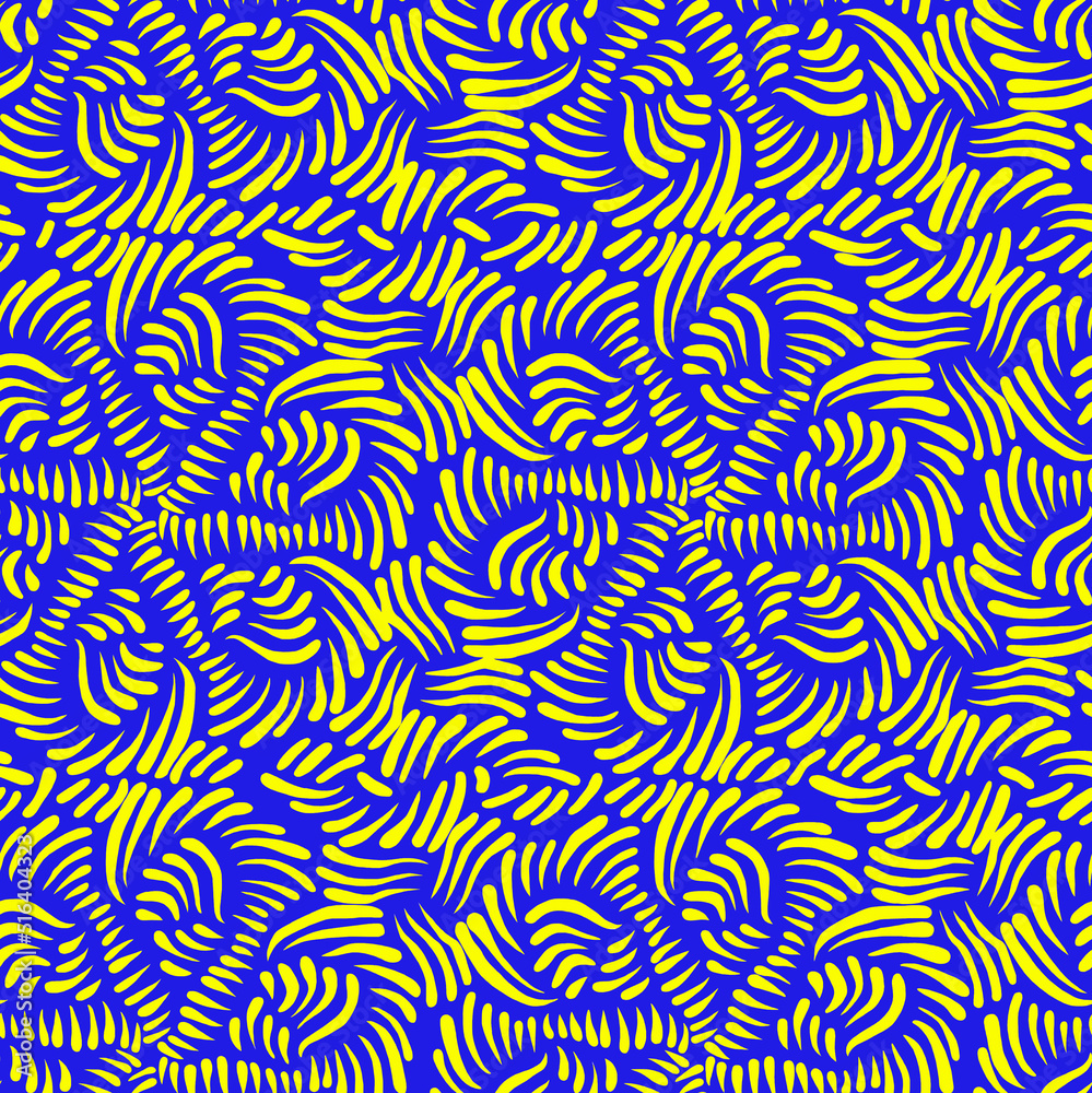 Abstract floral pattern drawn with yellow lines on a blue background.Seamless pattern.