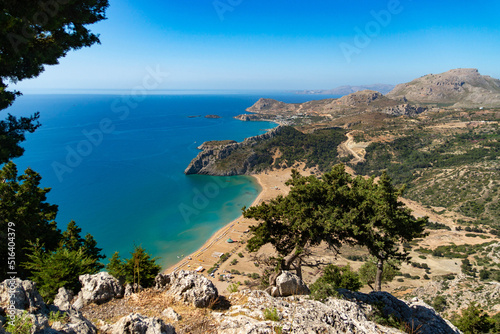 View from the mountain to the bay with beaches. Rhodes, Greece.