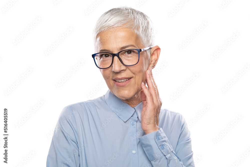 Senior Expert! Businesswoman with glasses in a blue shirt and gray white hair and glasses