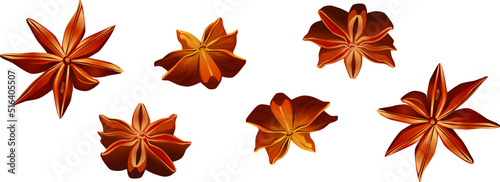 A set of spices star anise. Vector three - dimensional illustration on a transparent background . Concise realistic styling for your bulletin board, menu or showcase, board, or advertising