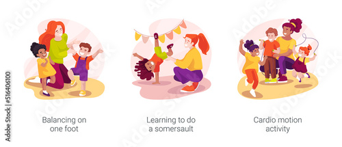 Physical exercise in kindergarten isolated cartoon vector illustration set