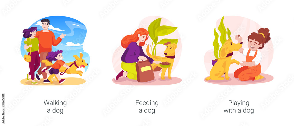 Dog owner routine isolated cartoon vector illustration set