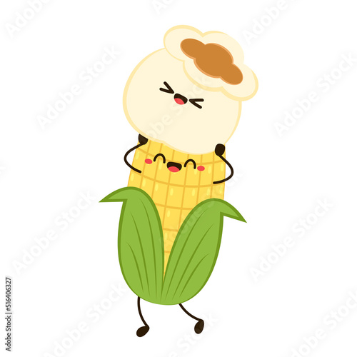 Corn and popcorn cartoon. Vector mascot, cartoon and illustration of a corn holding popcorn. Character design.