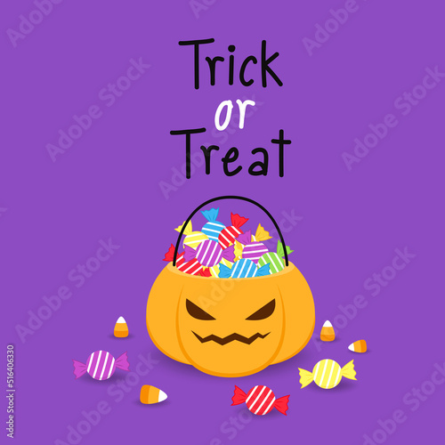 Trick or treat. Halloween pumpkin basket. Jack o lantern Bowl. Flat style vector illustration.