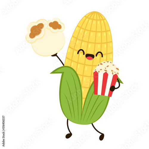 Corn and popcorn cartoon. Vector mascot, cartoon and illustration of a corn holding popcorn. Character design.