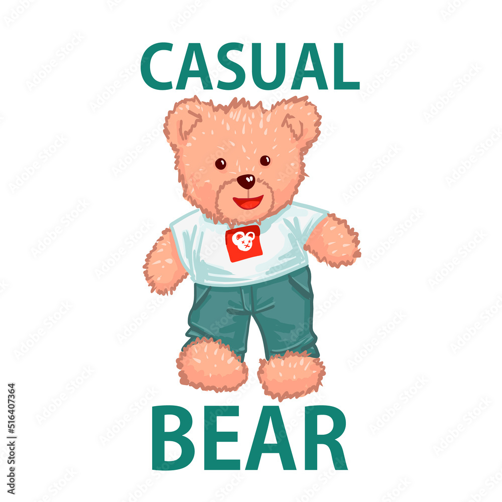 cute bear toy in t-shirt for t-shirt print design vector illustration and slogan 