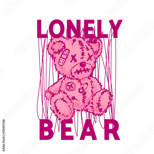 cute bear toy punk style sit with line background for t-shirt print design vector illustration and slogan "Lonely bear"