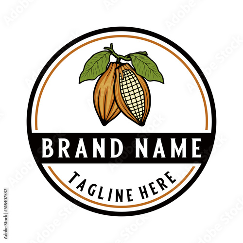 Cocoa fruit logo design. the theme of two cacao pods hanging on a tree trunk is good for factories and coffee shops