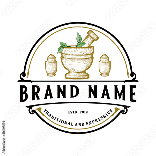 traditional dispensary vintage logo. the theme of urns and herbs for traditional medicine. photo