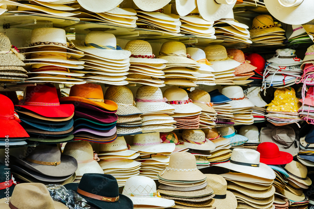 Traditional Arequipenan hats for sale at a stall in the San Camileo central market in Arequipa, Peru. South America. 