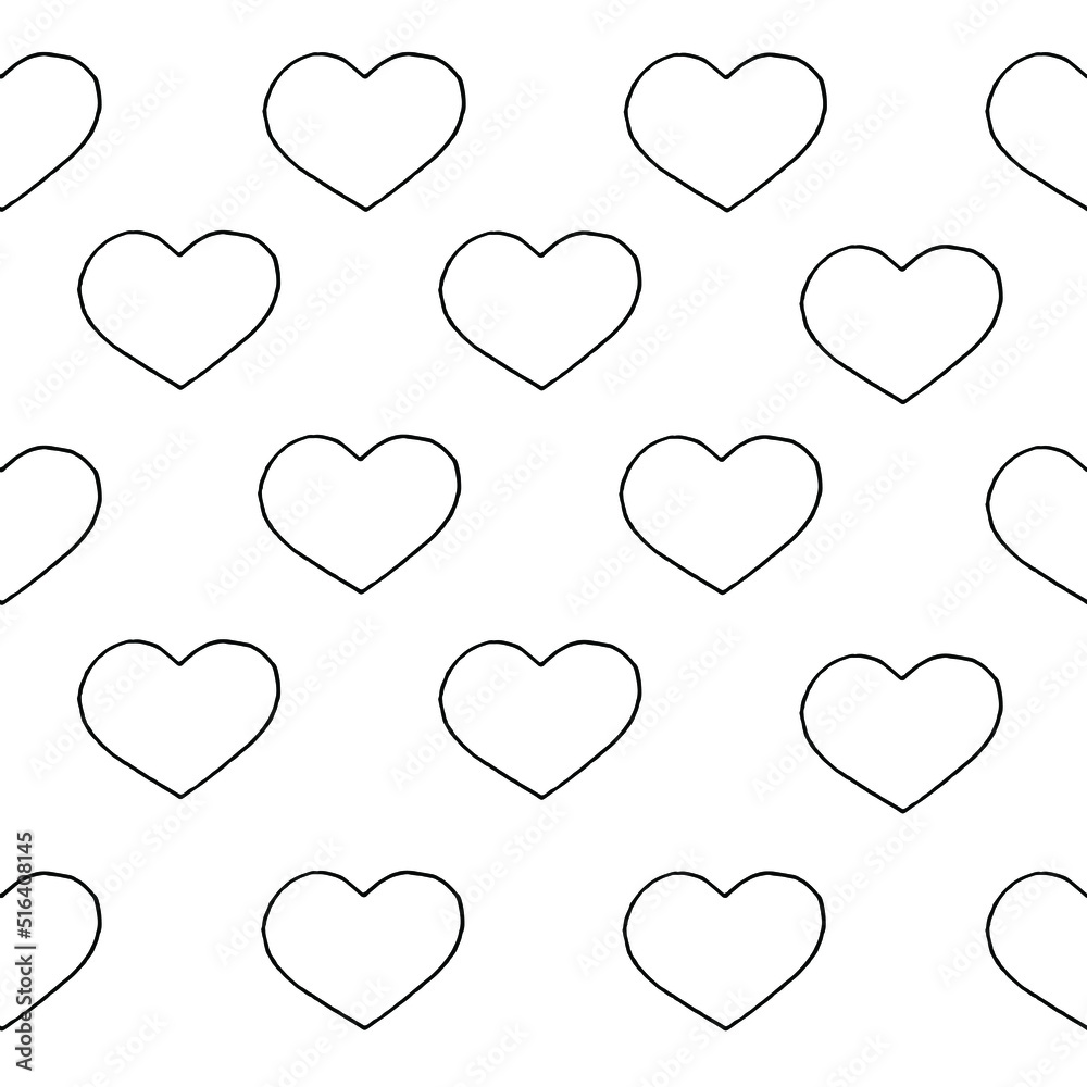 Hearts drawn black marker on white paper with inscription love. Valentine's day concept. Hearts background. Seamless pattern with heart.
