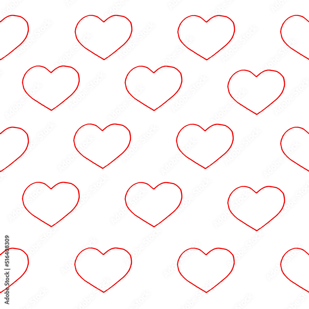 Hearts drawn red marker on white paper with inscription love. Valentine's day concept. Hearts background. Seamless pattern with heart.