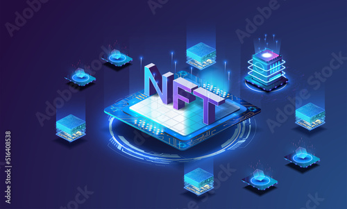Nft on a processor chip in a future isometric style. The concept of non-interchangeable tokens. Hosting, or storage creation of exclusive NFT tokens. Vector illustration