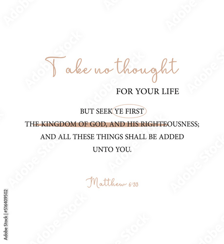 But seek ye first the kingdom of God, Matthew 6:33, encouraging Bible Verse, Scripture poster, Home wall decor, Christian banner, Baptism gift, vector illustration