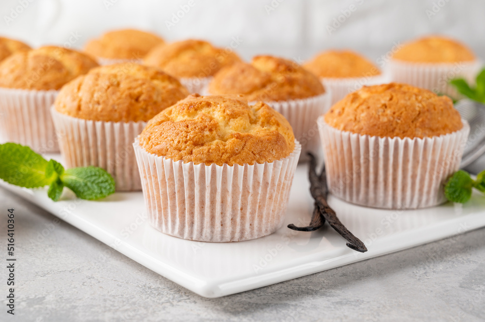Fresh baked Vanilla cupcakes with mint, selective focus, copy space. Fresh baked Vanilla cupcakes with mint, selective focus, copy space.