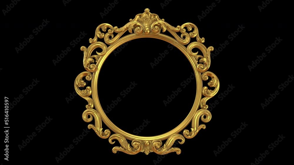Vintage Royal, Baroque style gold decorative round shaped mirror or picture frame with carved filigree ornaments. Richly decorated 3D looping animation with alpha matte.