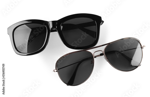 Different stylish sunglasses on white background. Sun protection