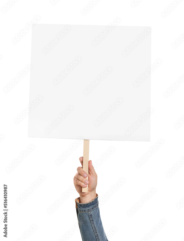 Man holding blank protest sign on white background, closeup